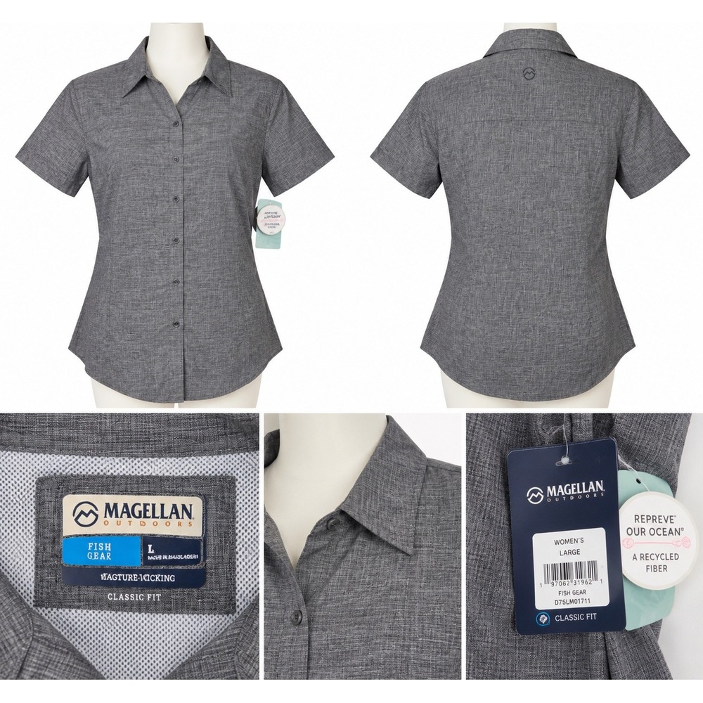 Magellan Outdoors Fish Gear Shirt Size L Gray Moisture Wicking Short Sleeve NWT